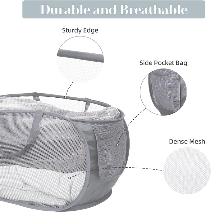 3 Pack Collapsible Laundry Baskets, Foldable Laundry Basket with Pocket, Mesh Pop Up Hampers, Reinforced Handles Dirty Clothes Hamper for Laundry, Bedroom, Bathroom, Dorm, Travel or Camping Grey
