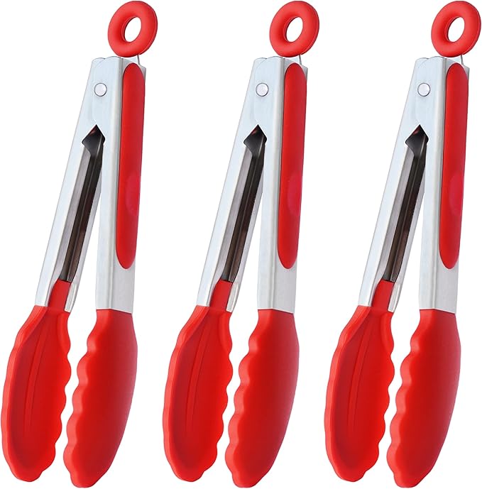 HINMAY Small Silicone Tongs 7-Inch Mini Serving Tongs, Set of 3 (Black Gray White)