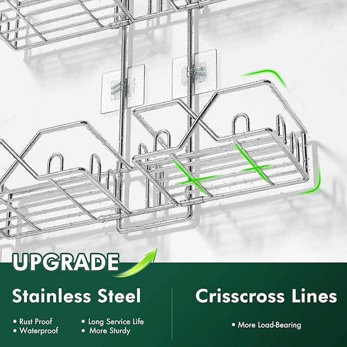 Stainless Steel Shower Caddy Hanging for Handheld Shower Heads,Rustproof Hose Shower Organizer Adjustable Length Shower Rack with 24 Hooks,Razor Holder,Soap Holder