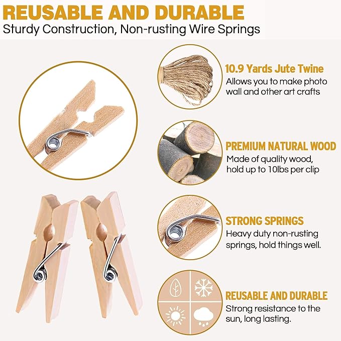 Mini Clothespins, Mini Clothes Pins for Photo Natural Wooden Small Picture Clips for Crafts 1 Inch 300 PCS Tiny Pegs with Jute Twine String Decorative Wood Clips for Wall Hanging Pictures