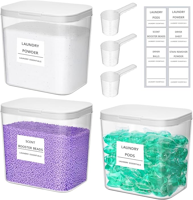 Lifewit 3 Pcs Laundry Pods Container with Pop-up Lid, Detergent Dispenser, Dryer Sheet Holder, Laundry Room Organization Storage Jars for Washing Powder, Soap, Scent Booster Beads, 2700 ml/0.72gal