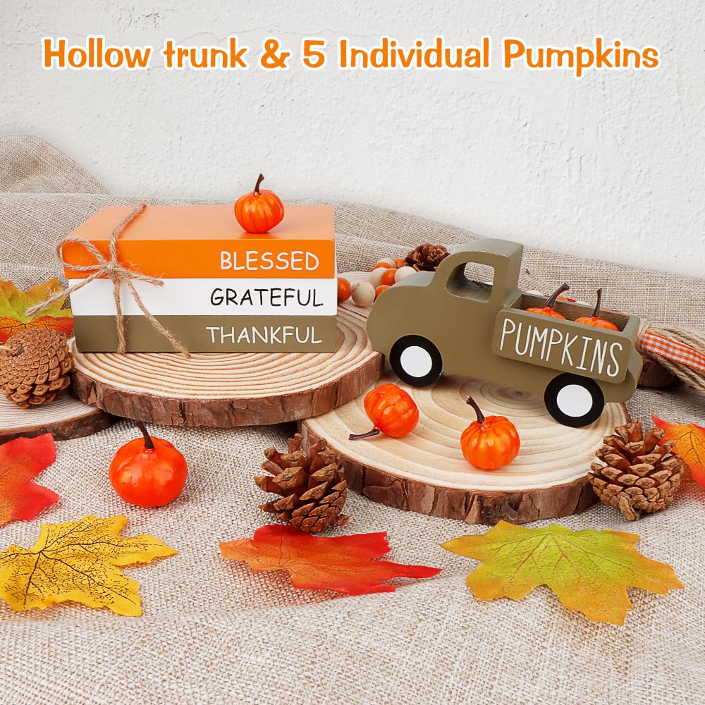 AKEROCK Fall Table Decor, Farmhouse Wooden Fall Signs with Book Stack, 3D Truck and 5 Individual Pumpkins for Tiered Tray, Coffee Bar, Shelf and Mantle Decor - Fall Decorations for Home