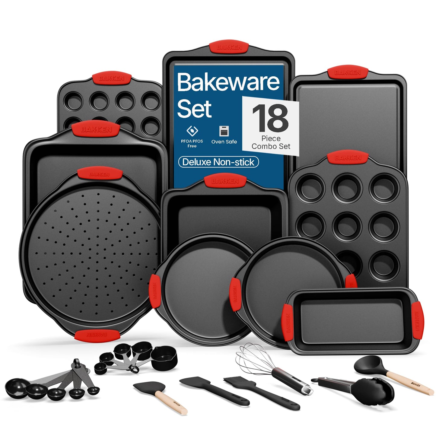 BAKKEN Kitchen Baking Pan Set - Nonstick Coating, Carbon Steel Bakeware Sets with Red Silicone Handles, Baking Kitchen Essentials, PFOA, PFOS, PTFE Free, Oven Safe Tray (Up To 450° F), Set of 18