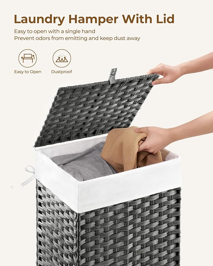 Greenstell Laundry Hamper with Lid, 60L Clothes Hamper with 2 Removable Liner Bags & 2 Mesh Laundry Bags, Handwoven Synthetic Rattan Laundry Basket for Clothes, Toys in Bathroom, Bedroom Grey