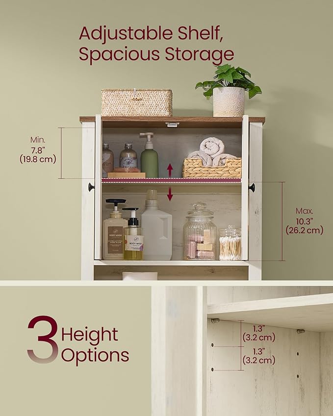 VASAGLE LIRY Collection - Over-The-Toilet Storage Cabinet, 23.6-Inch Wide Farmhouse Bathroom Organizer, with Barn Doors, Adjustable Shelf, Space-Saving, Rustic White UBTS026W01