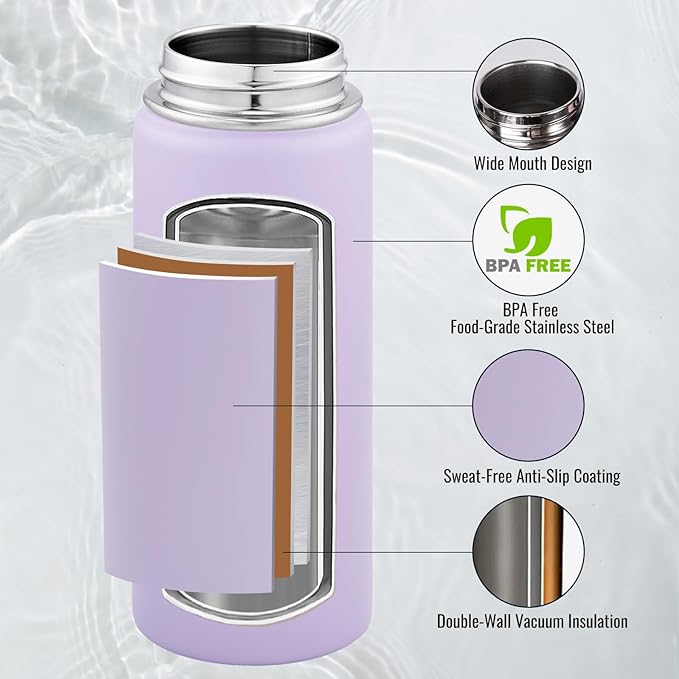 18 oz Insulated Water Bottle with Handle, 304 Stainless Steel Water Bottles with Wide Mouth, Double Wall Vacuum Sports Water Bottle, BPA Free, Keep Cold and Hot, Purple