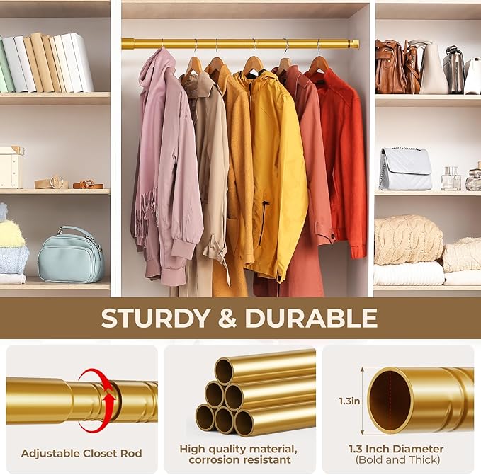 Mavivegue Closet Rod, 17 to 28 Inch Gold Adjustable Closet Rods for Hanging Clothes, Hanging Rod for Closet Wardrobes Laundry RV, Bathroom