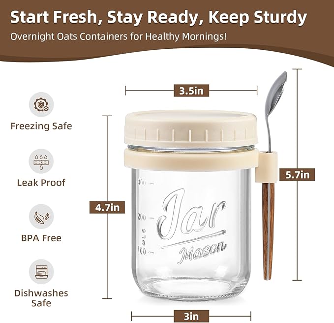 6 Pack Overnight Oats Containers with Lids and Spoons, 16 oz Glass Mason Overnight Oats Jars, Large Capacity Airtight Jars for Milk, Cereal, Fruit(Beige）