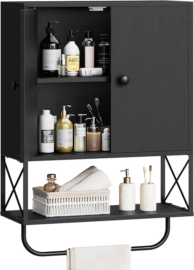 Bathroom Wall Cabinet with 2 Door and Adjustable Shelf, Farmhouse Medicine Cabinet with Towel Rack, 3-Tier Wall Mounted Storage Cabinet Over The Toilet for Bathroom, 18.9" L, Black