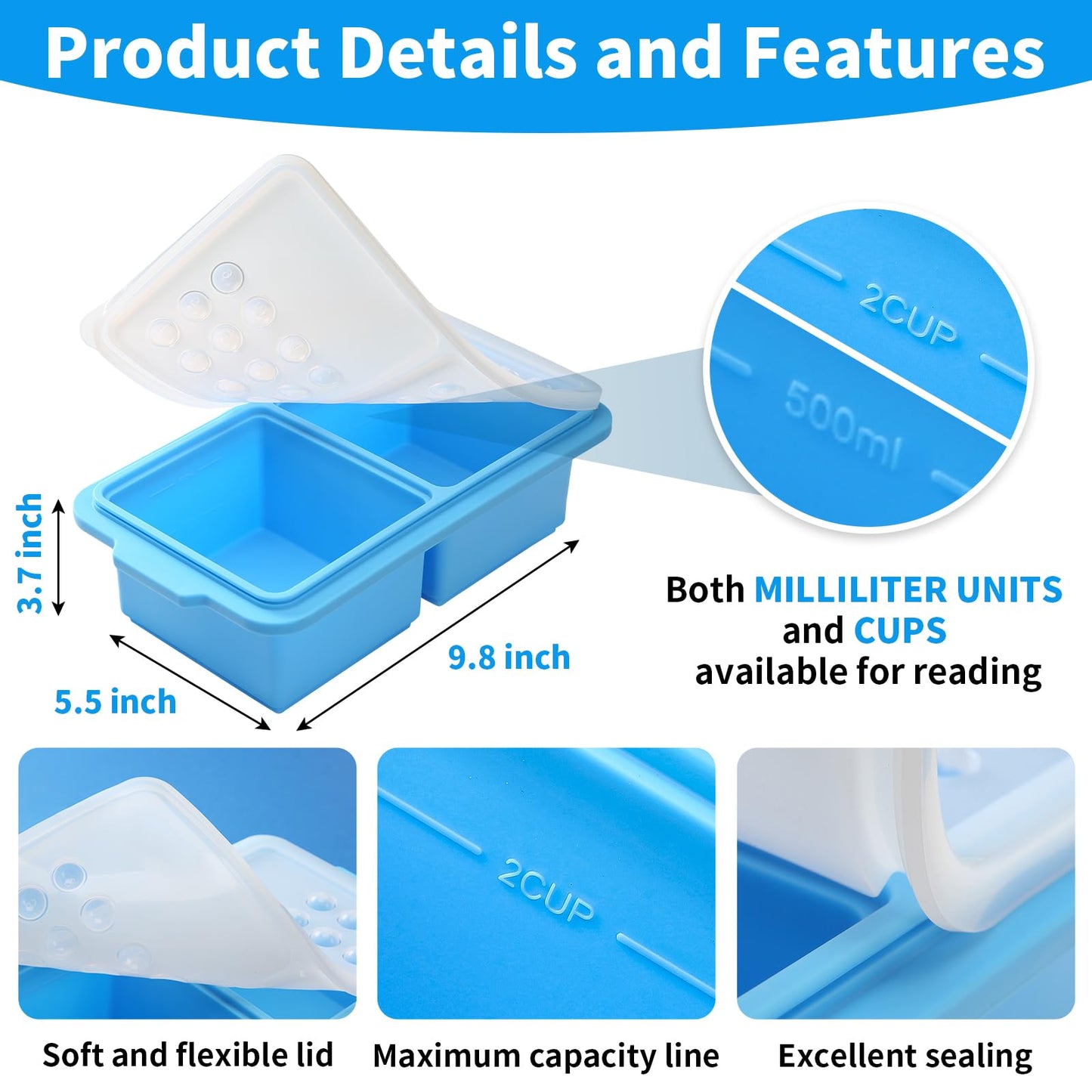 EuChoiz 2 Pack Silicone Freezer Tray Cubes 2 Cup with Date Mark Lids for Freezing Food Leftovers Sauces Portion and Lasagna Broth, Soup Freezer Molds for Meal Prepping Thick Enough