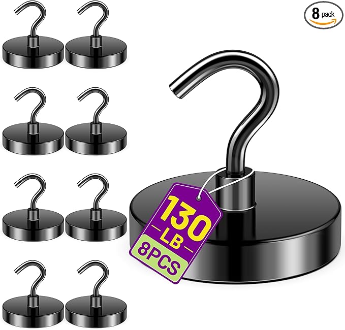 Magnetic Hooks for Cruise Cabins, 130lbs Black Magnetic Hooks for Hanging Mugs, Strong Magnets Heavy Duty for Classroom Decor, Grill, Home, Office, Fridge, Beach Vacation Essentials, 8 Pack