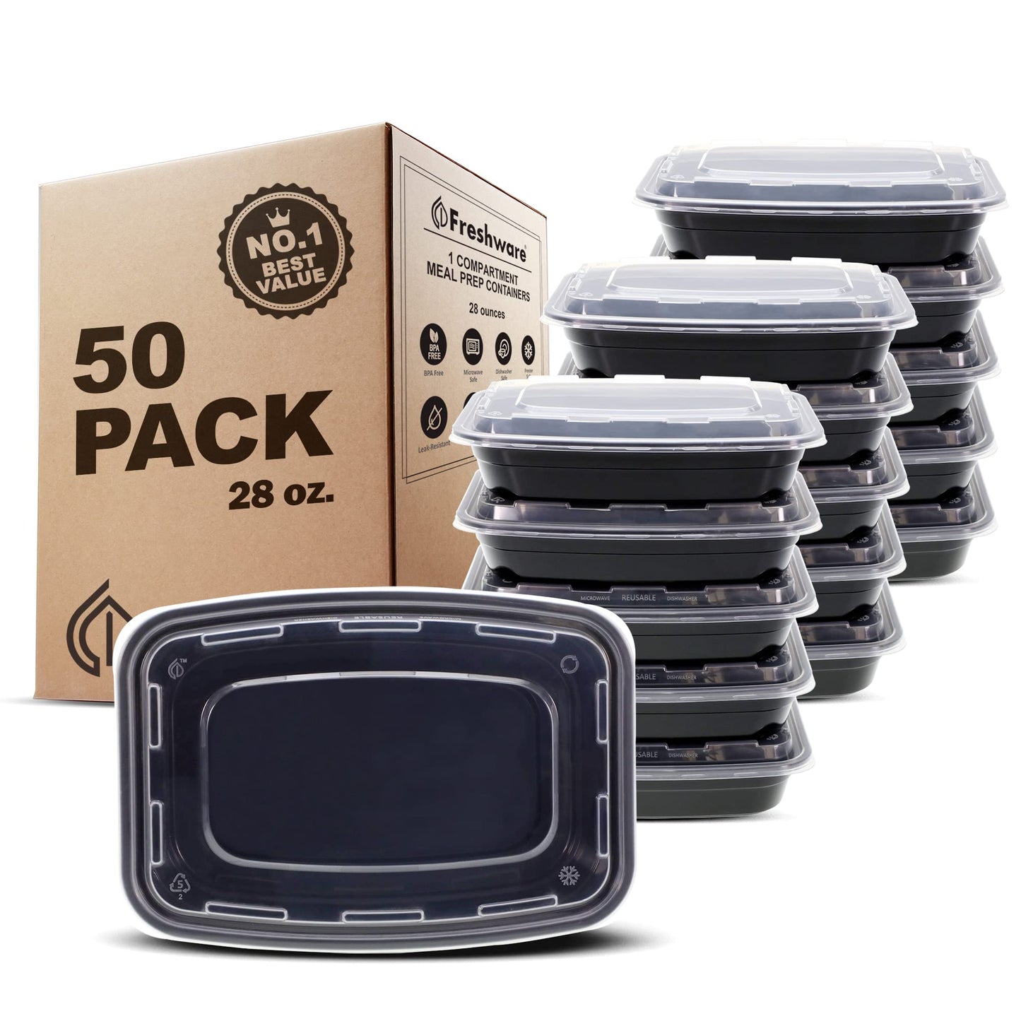 Freshware Meal Prep Containers [50 Pack] 1 Compartment Food Storage Containers with Lids, Bento Box, BPA Free, Stackable, Microwave/Dishwasher/Freezer Safe (16 oz)