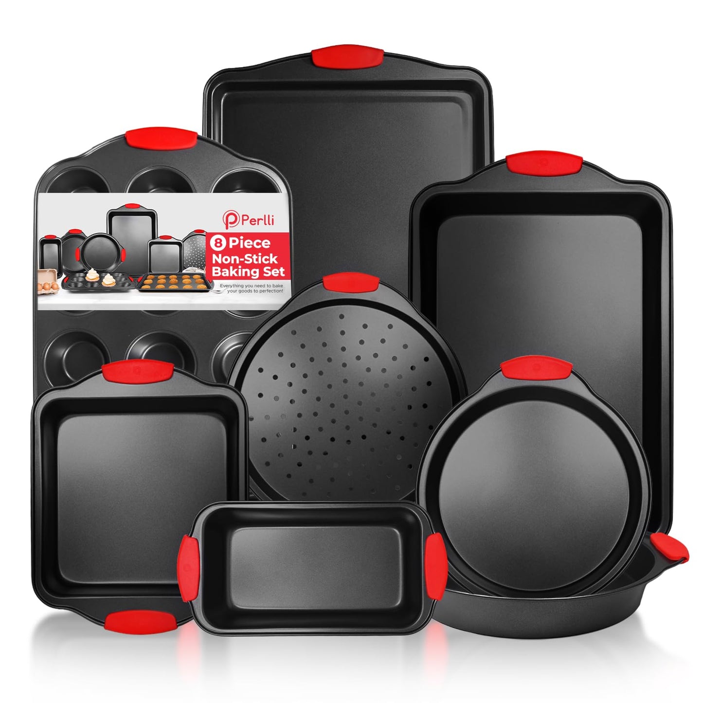 PERLLI Non-Stick 8-Piece Baking Pan Set, BPA-Free Carbon Steel Bakeware Set with Silicone Handles, Stackable Kitchen Oven Set, Cookie Sheet, Baking Tray, Baking Sheet Set, Oven Safe (446°F)