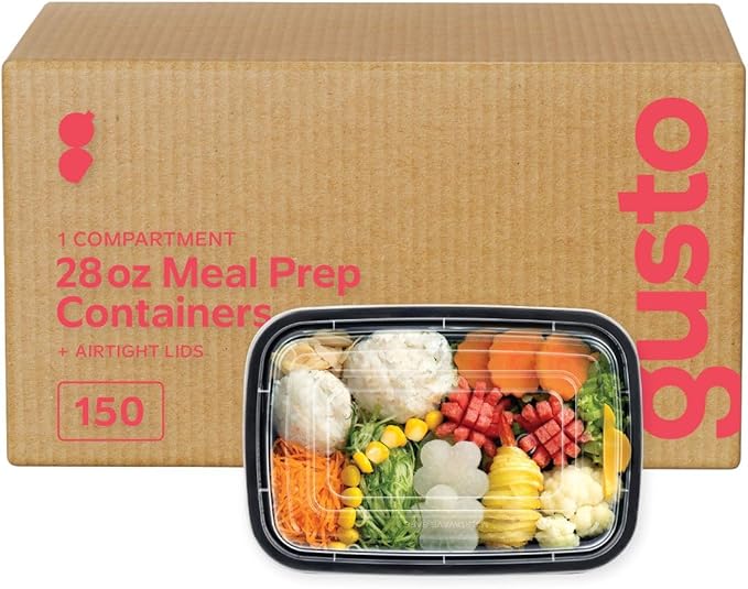 GUSTO 28 oz - 1Compartment Meal Prep Containers with Lids – [Case of 150] Reusable, Microwaveable, Dishwasher & Freezer Safe, BPA-Free Food Storage Boxes for Portion Control (Formerly Comfy Package)