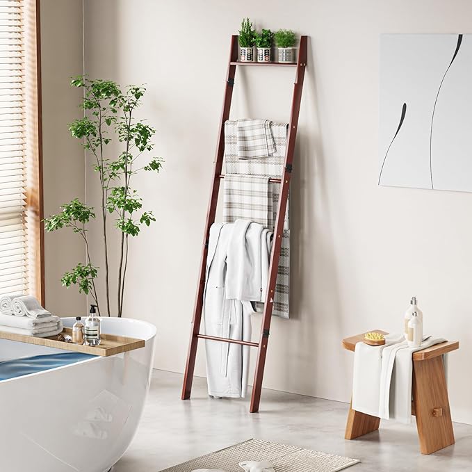 BAMBANG 6-Tier Blanket Ladder for Living Room, Blanket Quilt Ladder Rack Rustic Decorative Towel Holder, Wall Leaning Blanket Ladder Shelf Storage Farmhouse Decor for Bedroom Bathroom, Brown