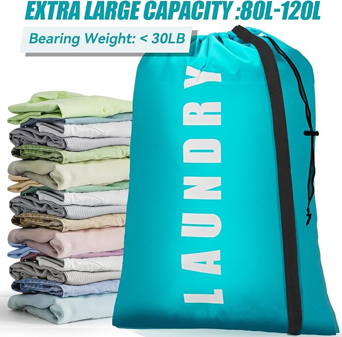 Heavy Duty Laundry Bag with Strap,2 Pack Travel Laundry Bags for Dirty Clothes,24" x 36" Large Laundry Bag for Traveling,Camping,Dorm (Cyan + Gray)