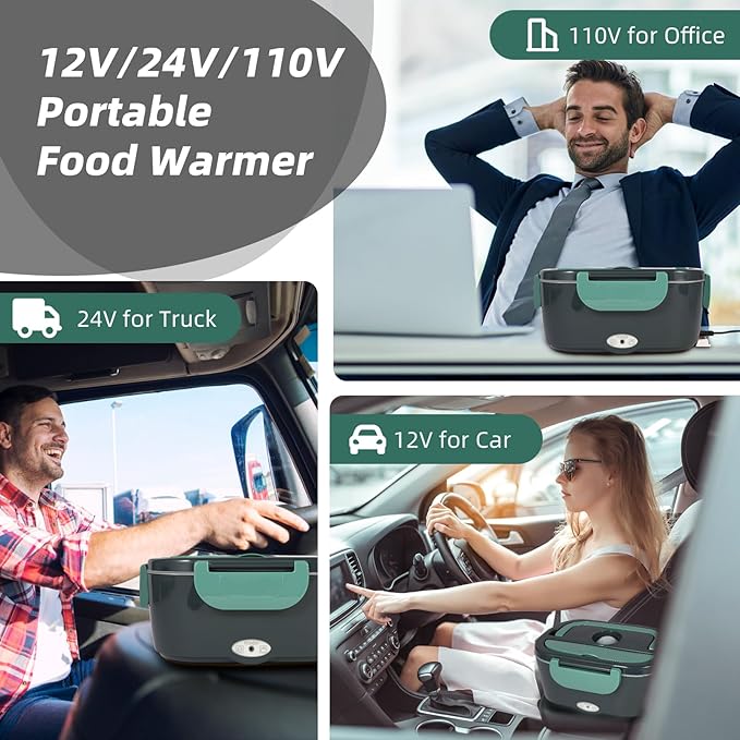 Heated Lunch Box with Heating Time Controller, Automatic Heat Preservation 110V Electric Lunch Box for Home/Office, Portable Food Warmer 12V/24V for Car/Truck with 80W Self Heating