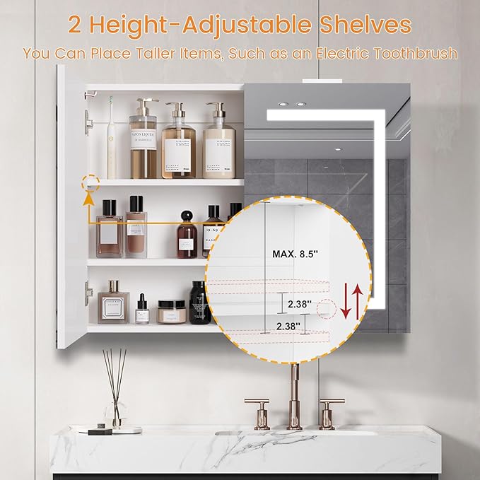 Snughome Bathroom Medicine Cabinet with Mirror & LED Lights, Wall Mount Bathroom Mirror with Storage, Built-in Power Outlets, Dimmable 3 Color Temp, Anti Rust Easy to Install, 31.5" x 23.6"