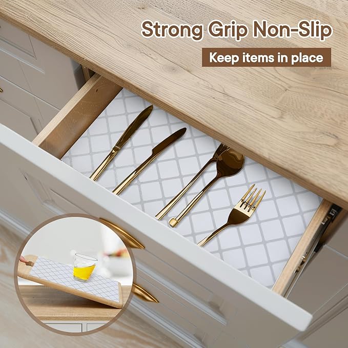 Shelf and Drawer Liner for Kitchen Cabinets Non-Adhesive, Strong Grip Non-Slip Thickened Cabinet Liners for Shelves, Waterproof Mats for Dresser Cupboard, Silver Stripe, 24 in x 10 Feet