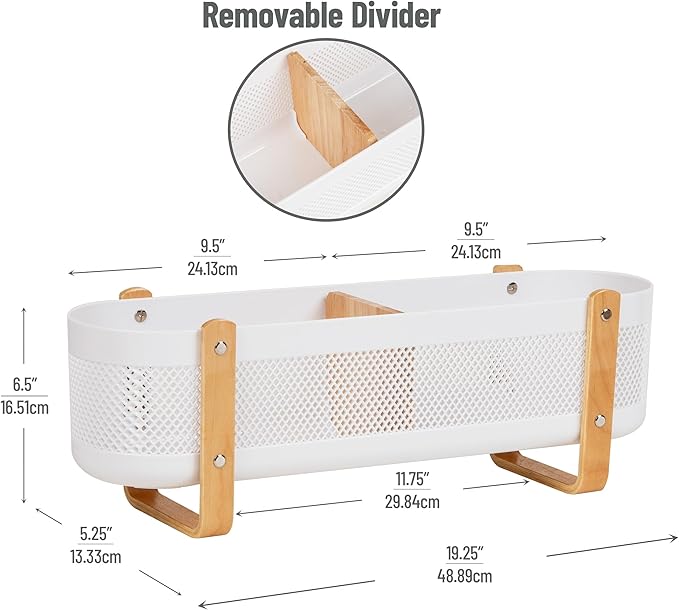 Mind Reader Divided Storage Basket with Legs, Accessory Holder, Desktop Organization, Office, Plastic, 19.25"L x 5.25"W x 6.5"H, White and Brown