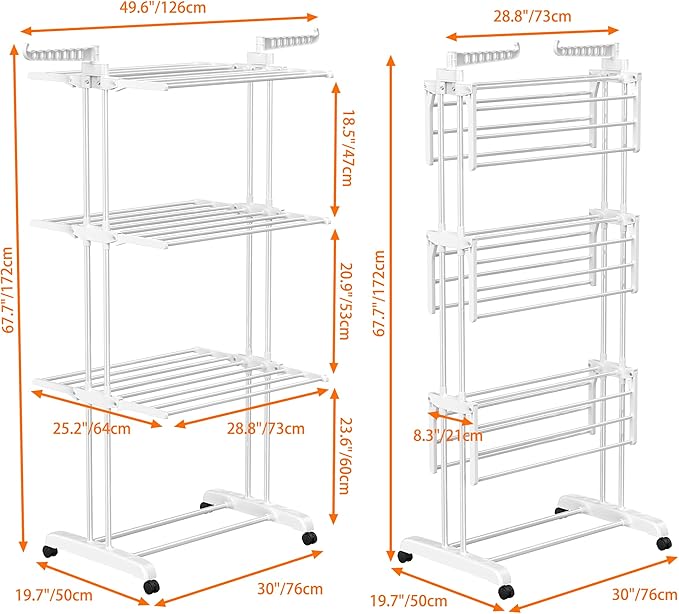 HOMIDEC Clothes Drying Rack, Large 4-Tier Foldable Drying Rack Clothing(67.7H x 19.7W x 30L Inches), Movable with 4 Castors. Multifunctional Stainless Steel Laundry Drying Rack, White