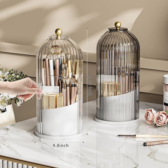Makeup Brush Holder Organizer, 360 Rotating Makeup Brush Organizer Cosmetics Make up Brush Organizer for Vanity, Waterproof Dustproof Makup Brush Storage for Bathroom Countertop, White-Clear