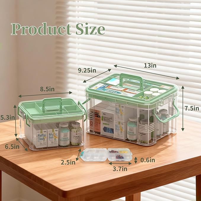 2 Pack Clear Medicine Organizer Storage Box with Tray, Portable Medicine Cabinet with Handle, Plastic First Aid box Empty with pill case for home and travel