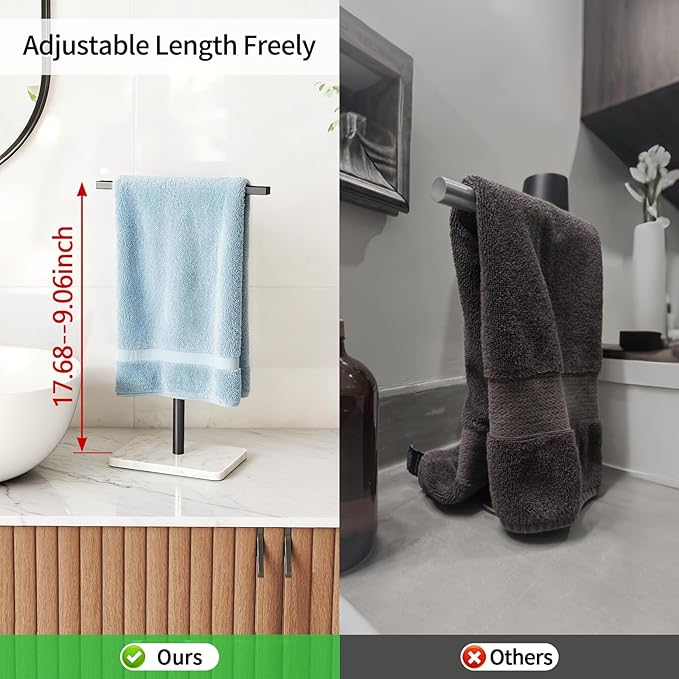 Hand Towel Holder Stand, Matte Black Hand Towel Rack for Bathroom, T-Shape Towel Holder Stainless Steel for Kitchen Vanity Countertop, Marble Base Adjustable 9.06"-17.68"