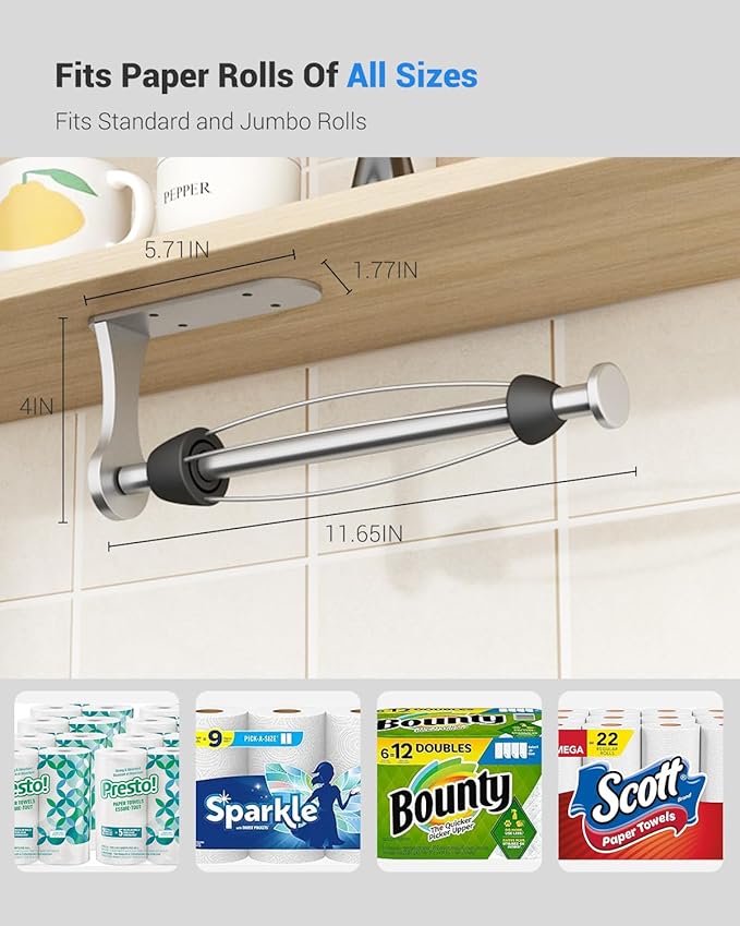 Paper Towel Holder Under Cabinet, One-Handed Tear, Wall Mount, Adhesive, Silver, Paper Roll Holder with Ratchet Mechanism for Kitchen Bathroom Farmhouse Essentials Decor Accessories