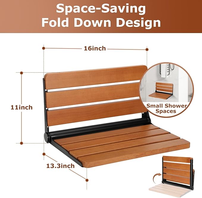 Foldable Shower Seat Wall Mounted, Folding Shower Bench for Small Shower Spaces, 400lbs Max Load for Inside Shower, 16"