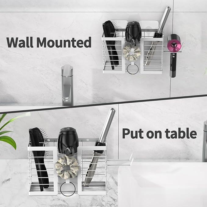 FUNKYLEE Hair Tool Organizer, 3 in 1 Metal Bathroom Blow Dryer Organizer Wall Mount for Flat Iron, Curling Iron, Straightener, Hair Care & Styling Tools Storage and Organizer (White)-2pcs