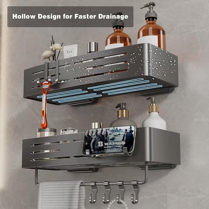 Voldra Shower Caddy Suction Cup, 3 Pack Shower Shelves for Inside Shower No Drilling, Aluminum Suction Showers Organizer with Towel Bar & Hooks Removable Bathroom Shelf Storage Rack(Gray)