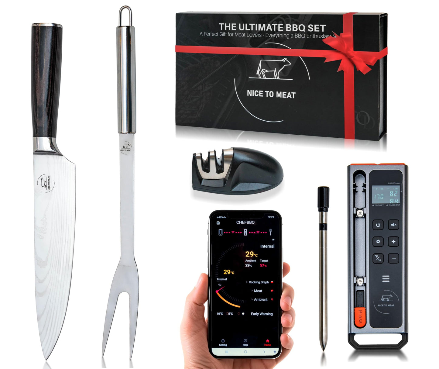 Wireless Meat Thermometer Digital BBQ Set, 5.3 Bluetooth and WiFi connectivity 800ft APP Control (iOS&Android) with Chef Knife, Fork, Meats Temperature Probe, Grilling, BBQ Gift for Men