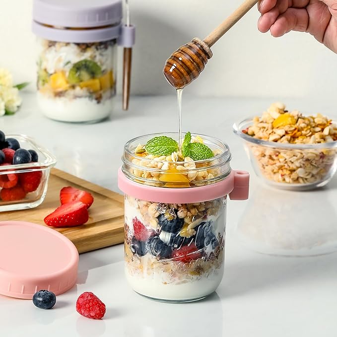 6 Pack Overnight Oats Containers with Lids and Spoons, 16 oz Glass Mason Overnight Oats Jars, Large Capacity Airtight Jars for Milk, Cereal, Fruit
