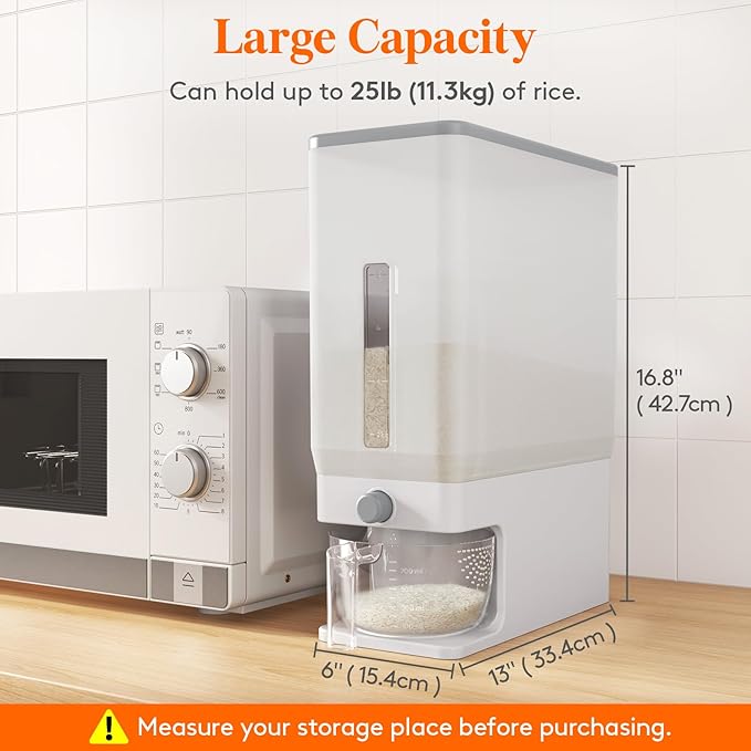Lifewit Rice Dispenser 25 Lbs(11.3kg), Rice Storage Container Sealed Moisture Proof with Measuring Cup for Kitchen Pantry Household, BPA-Free, 1 Pack Clear