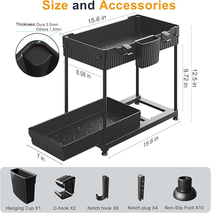 2 Pack Multi-Purpose Under Sink Organizers and Storage, 2026 Pull Out Cabinet Organizer for Bathroom & Kitchen, Under Cabinet Organizer with Hooks Hanging cup, Black
