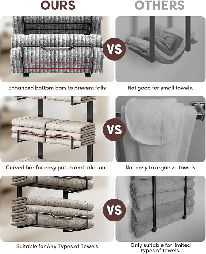Hanging Towel Racks for Bathroom No Drill - 6-Tier Over The Door Bath Towel Storage Organizer for Small Bathrooms - Tiered Back of Door Towel Holder Hanger for Rolled Towels RV Camper Black