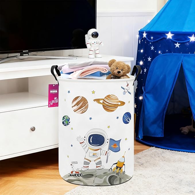 Laundry Hamper Large Canvas Fabric Lightweight Storage Basket/Toy Organizer/Dirty Clothes Collapsible Waterproof for College Dorms, Boys and Girls Bedroom,Bathroom(Space astronaut)
