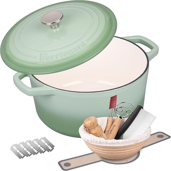 VORRINGARD Enameled Cast Iron Dutch Oven Pot with Lid, for Bread Baking, Round Bread Oven- include Sourdough Bread Baking Supplies Set, 4.5QT, Latte