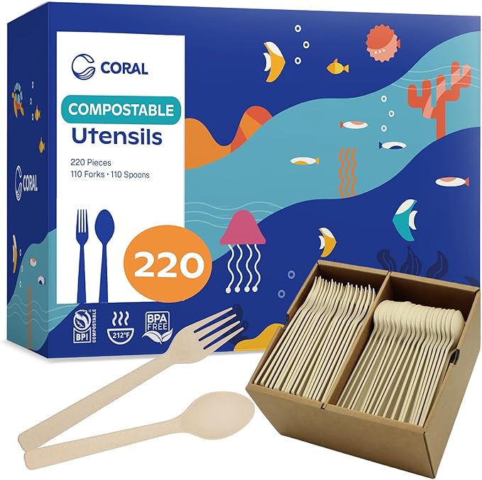 CORAL Light Brown Compostable Heavy Duty Spoons & Forks Set 220 Pieces Bulk