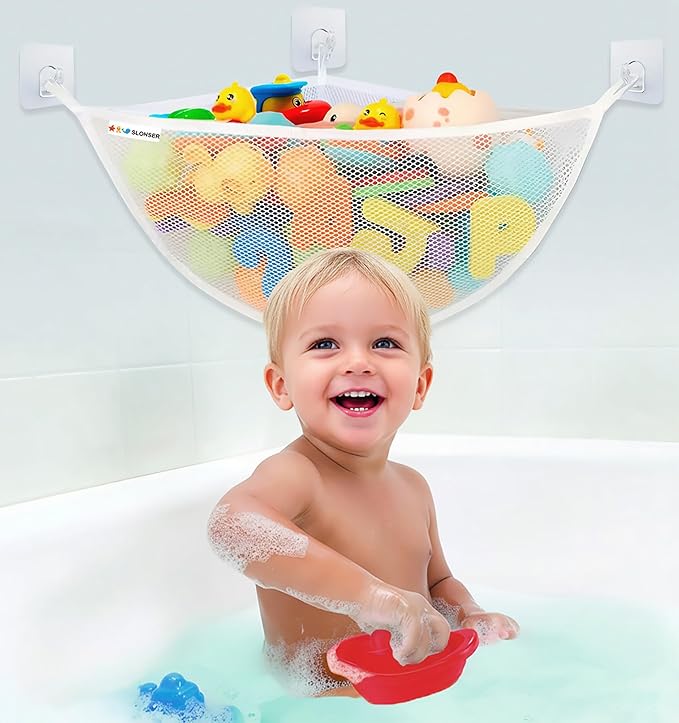 Bath Toy Holder Corner, Kids Bath Toy Net for Tub, Bathtub Holder Basket, Storage Bin Hammock Organizer, Shower Caddy Hanging Mesh Bag, Baby Bathroom Storage with 3 Suction Cups 3 Adhesive Wall Hooks