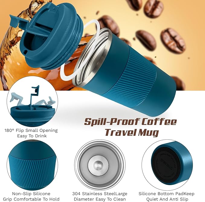 Vacuum Insulated Stainless Steel Travel Coffee Mug with Lid, Leak-Proof Reusable Thermal Cup Keeps Drinks Hot & Cold for Hours, Durable Portable Tumbler for Men & Women(3rd-Blue, 17OZ)