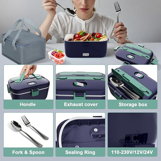 DUPASU Electric Lunch Box Food Warmer: 100W Heated Lunch Box for Adults, 1.8L Portable Fast Heating Lunchbox Food Heater for Car, Truck, Work, Travel, Lonchera Elctrica Porttil 12/24V/110-230V