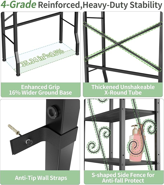 Over-The-Toilet Storage Rack 4-Tier,Bathroom Organizer Shelf Over Toilet,Adjustable Wooden Shelves and Basket,Freestanding Above Toilet Shelf,Space Saver for Rooms(Black Rack-Black Shelves)