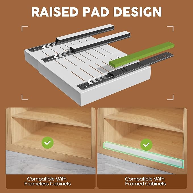 4 Pack Expandable Width (15.15"-26.3") Pull Out Cabinet Organizer 21" Deep with Raising Pad for Framed Cabinets, Upgrade 3 Slide Rails Slide Out Drawers, Roll Out Shelves Adhesive, White