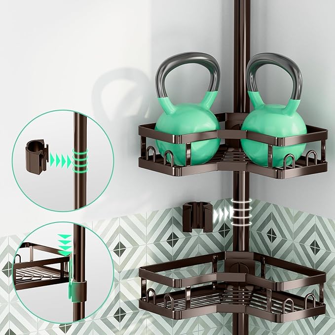 HEVEL Corner Shower Caddy Tension Pole, 4 Tier Adjustable Shower Organizer Corner 62-115 Inch, Rustproof Bathroom Shower Shelves for Bathtub Storage,Bronze