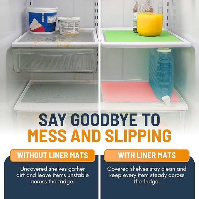 Refrigerator Liners for Shelves (8 Pack) by Linda’s Essentials - Non-Adhesive Shelf or Drawer Liner, BPA-Free Fridge Mats for Kitchen & Cabinets, Easy to Clean, Ideal Household Essentials(Multi Color)