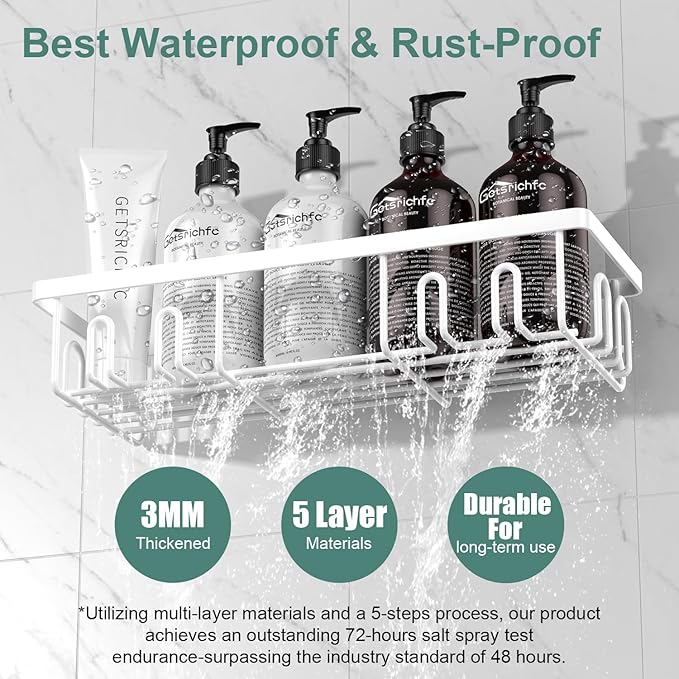 2025 New Adhesive Shower Caddy, Shower Shelves with 16 Hooks, White 2 Pack