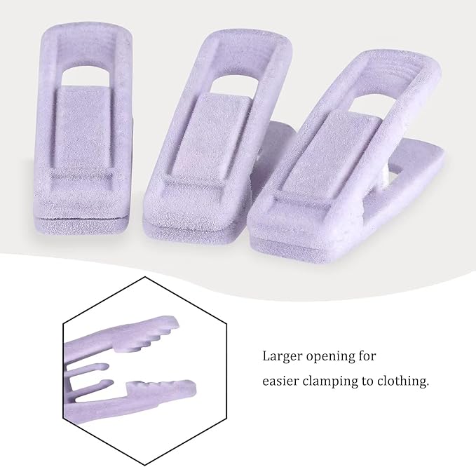 Tinfol Velvet Hanger Clips Light Purple, 24Pcs Pant Hangers Velvet Clips, Large Opening Clip Clothes Pin, Strong Finger Clip Perfect for Thin Skirt Pant Hangers