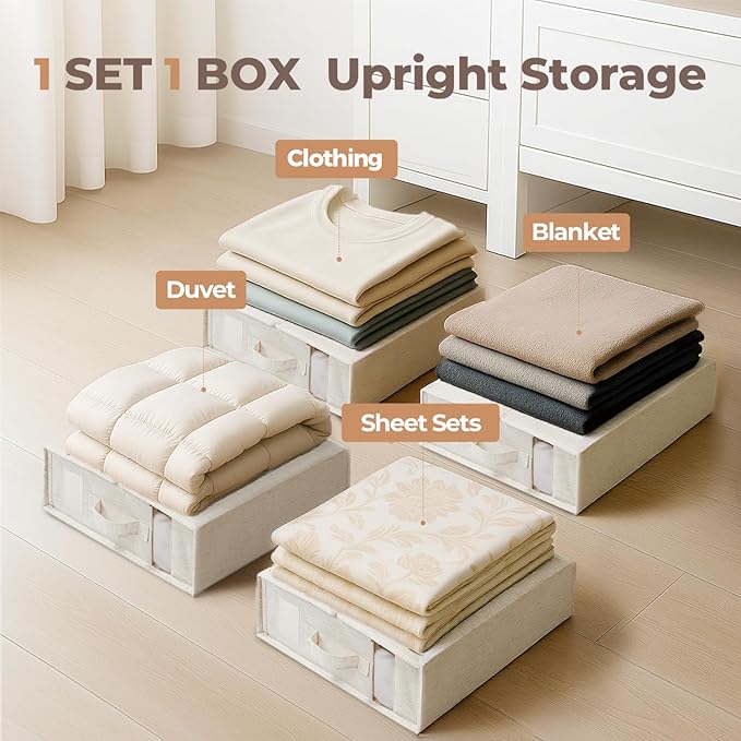6Pack Linen Sheet Organizers and Storage - King/Queen Size Sheet Storage Organizer with Window, Foldable & Dustproof Sheet Organizer for Linen Closet for Summer Blankets & Sheet Sets,Off-white